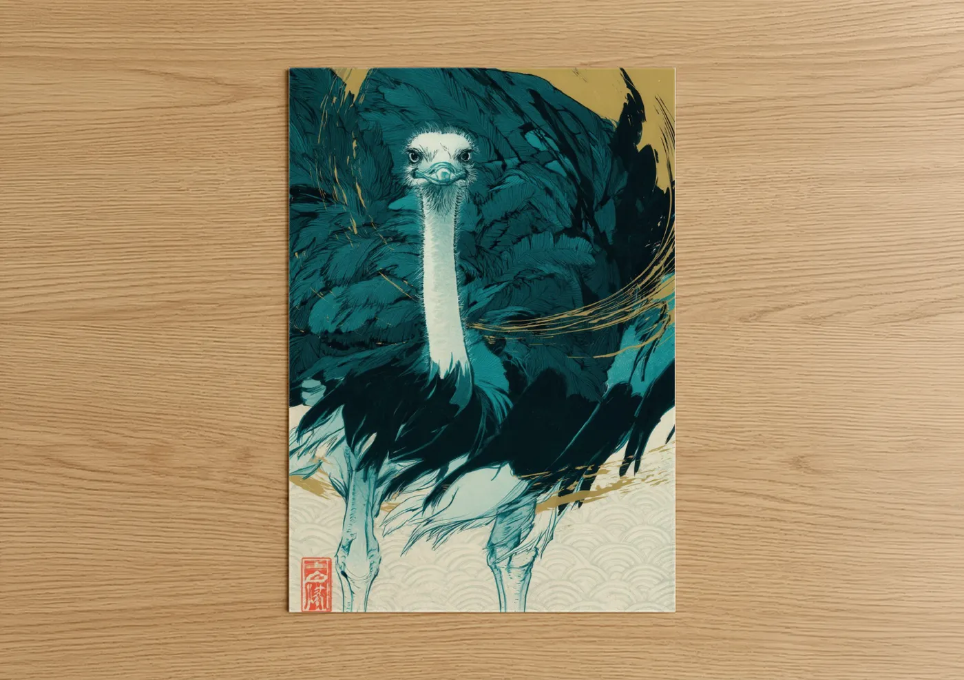 Teal Ostrich Japanese Woodblock Wall Art