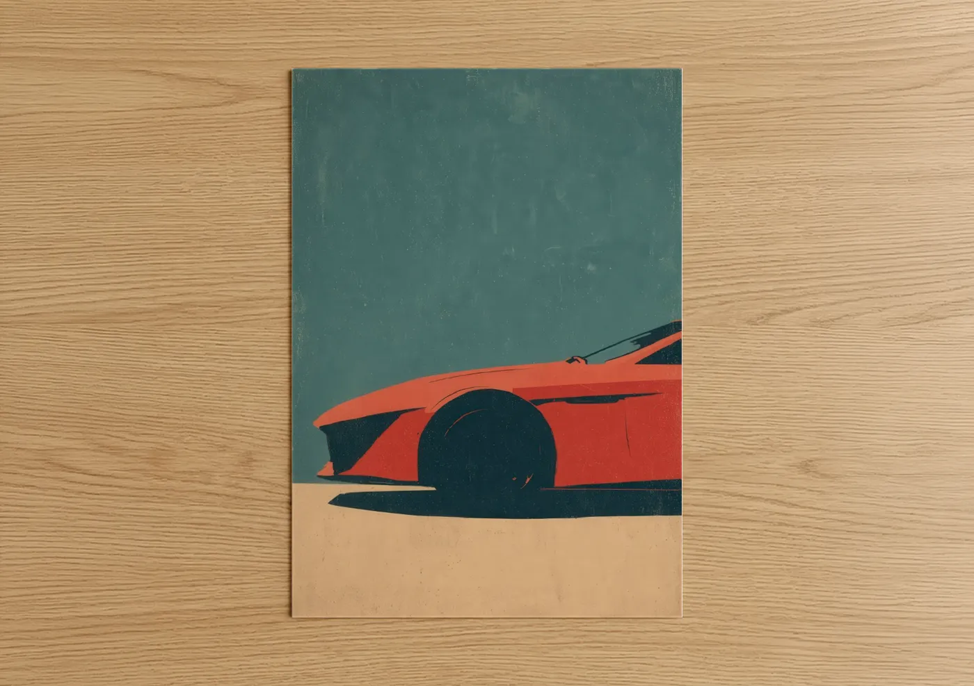 Sports car art print on warm oak wood — red and teal palette — Crimson Speed poster