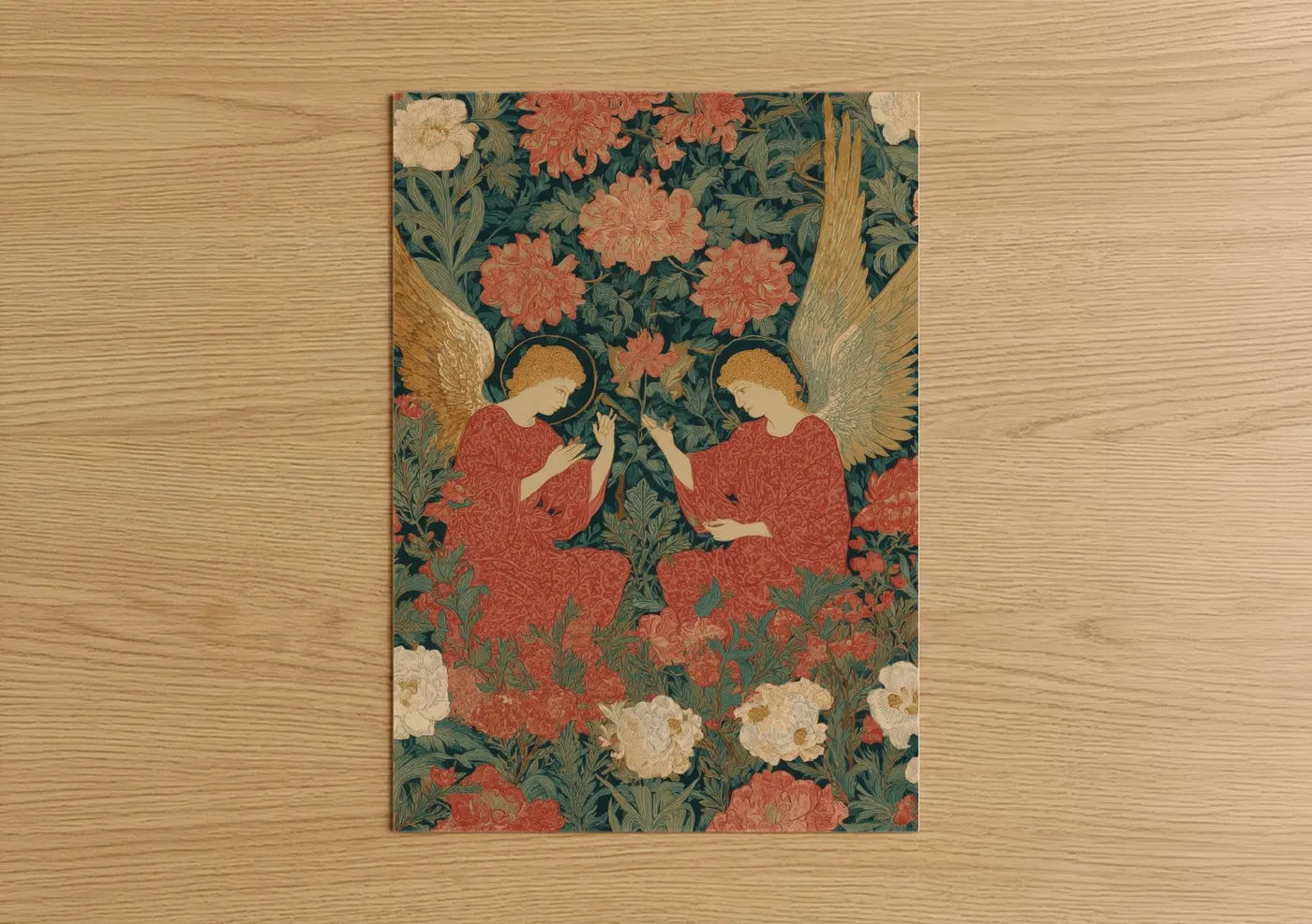 All saints day art print on warm oak wood — teal and rose gold palette — Celestial Angels poster