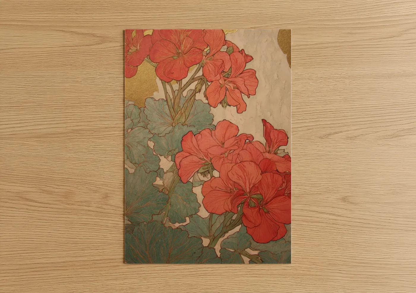 Art print on warm oak wood — red and sage green palette — Crimson Geranium poster