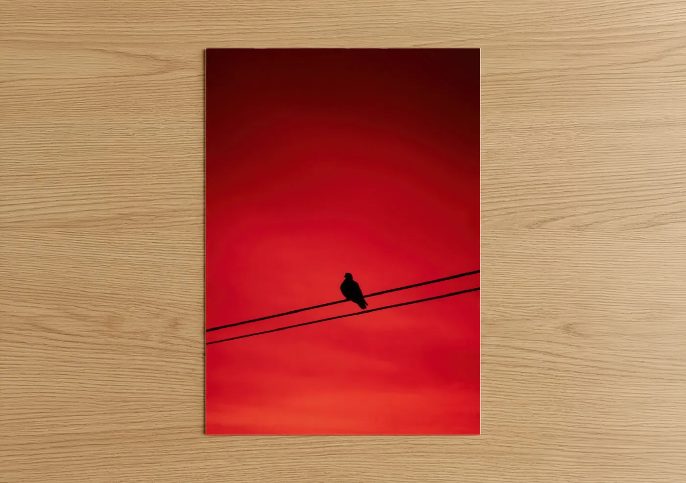 Art print on warm oak wood — red and black and red palette — Crimson Perch Pigeon poster