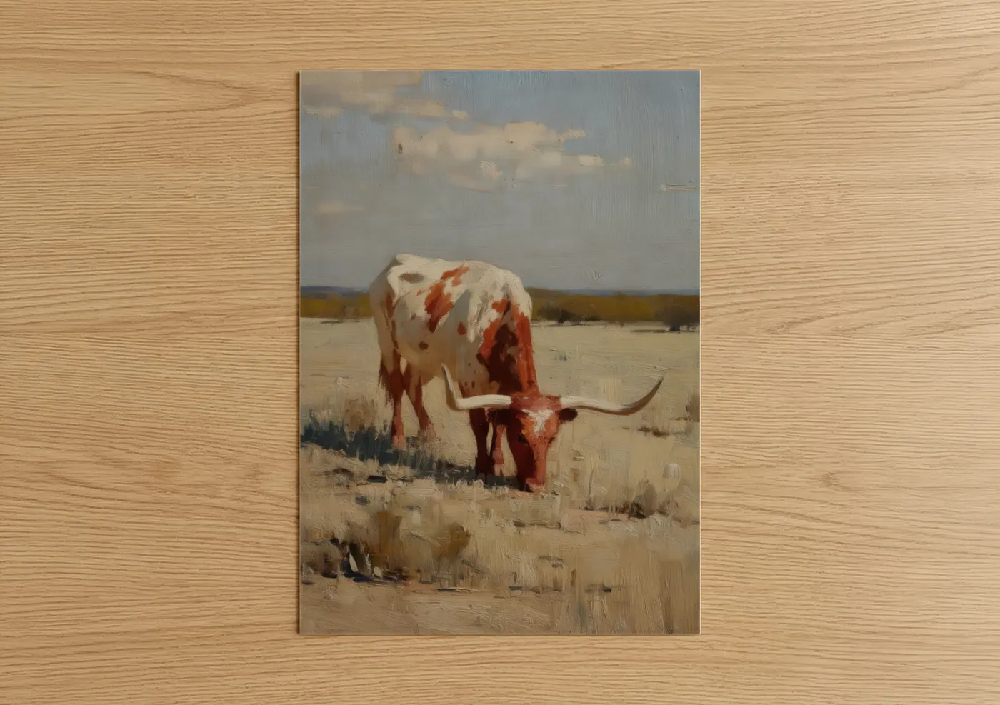 Longhorn cow art print on warm oak wood — russet and cream palette — Grazing Longhorn poster