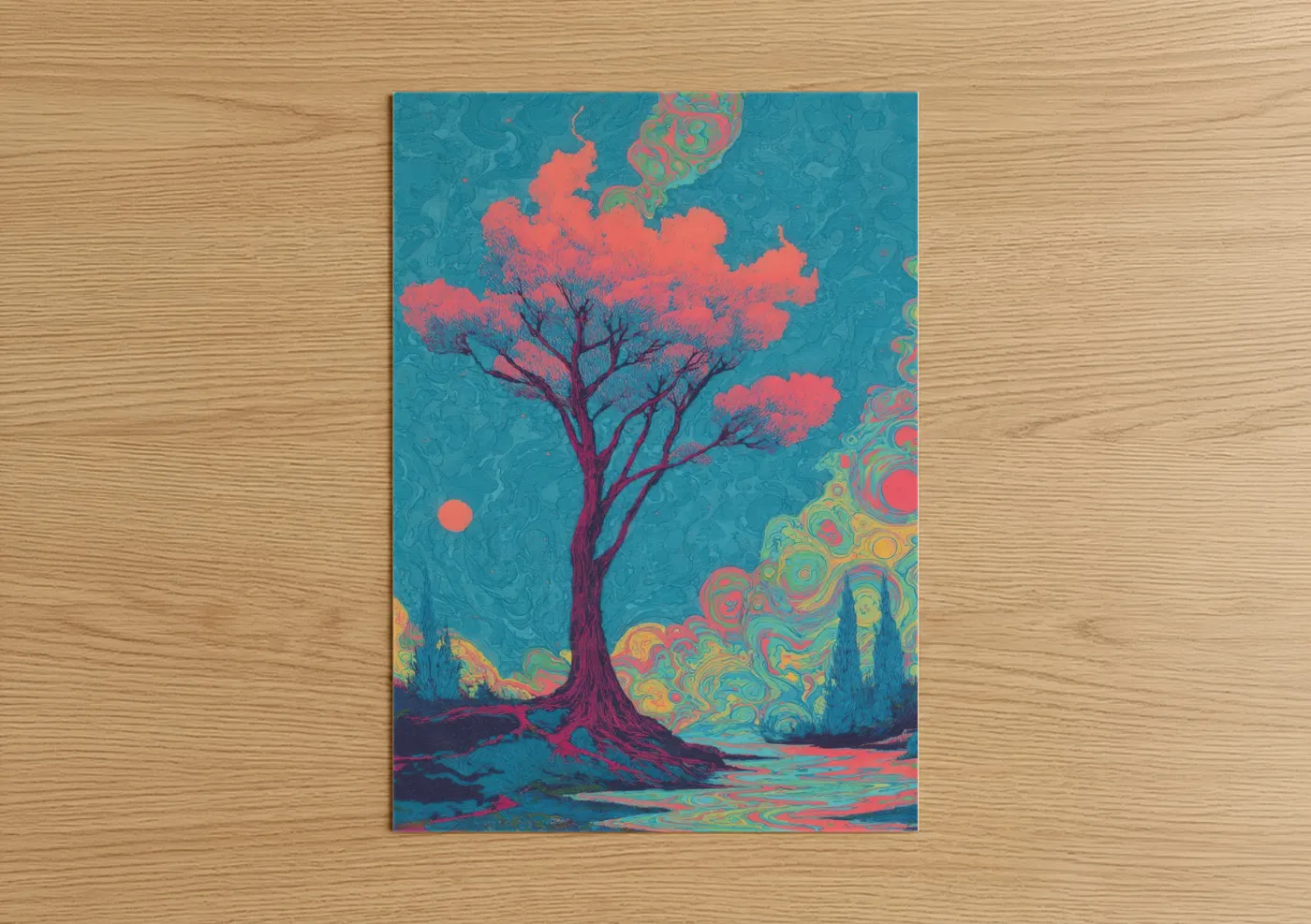 Crimson Cypress Tree Psychedelic Wall Art