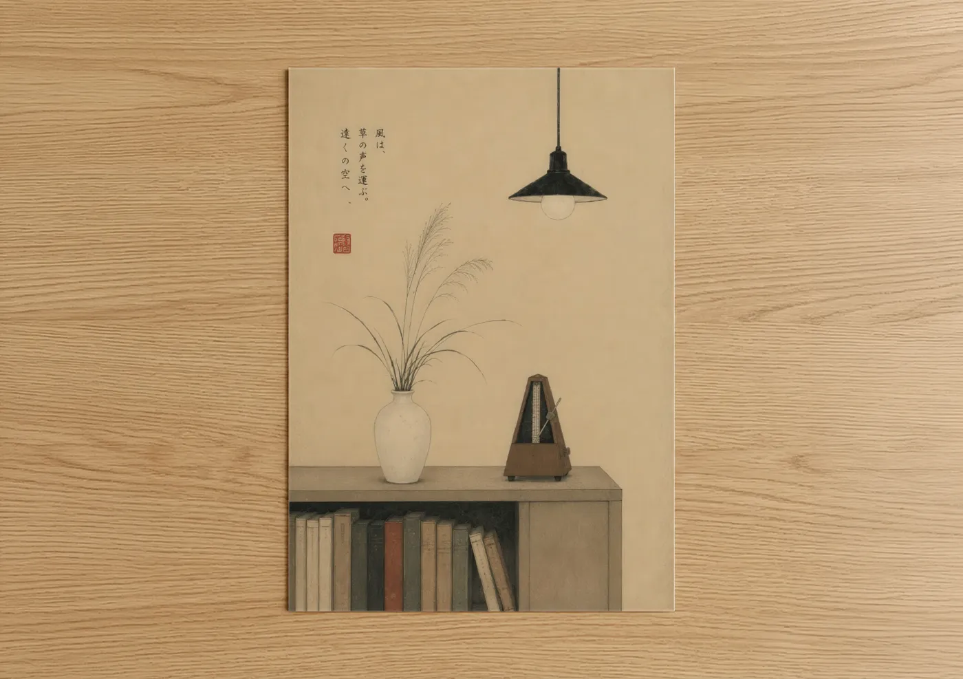 Grass art print on warm oak wood — beige and cream palette — Japanese Minimalist Zen Still Life Wall Art poster
