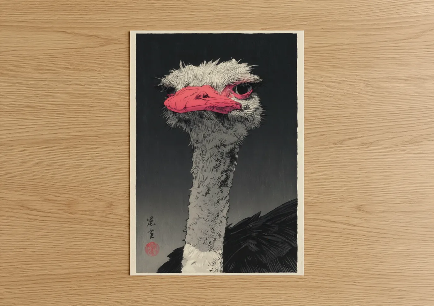Pink-Faced Ostrich Japanese Art Print Wall Art