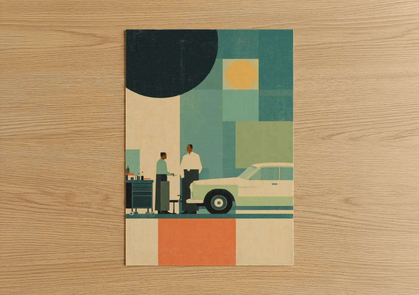 Father's day art print on warm oak wood — teal and beige palette — Vintage Father Bond poster
