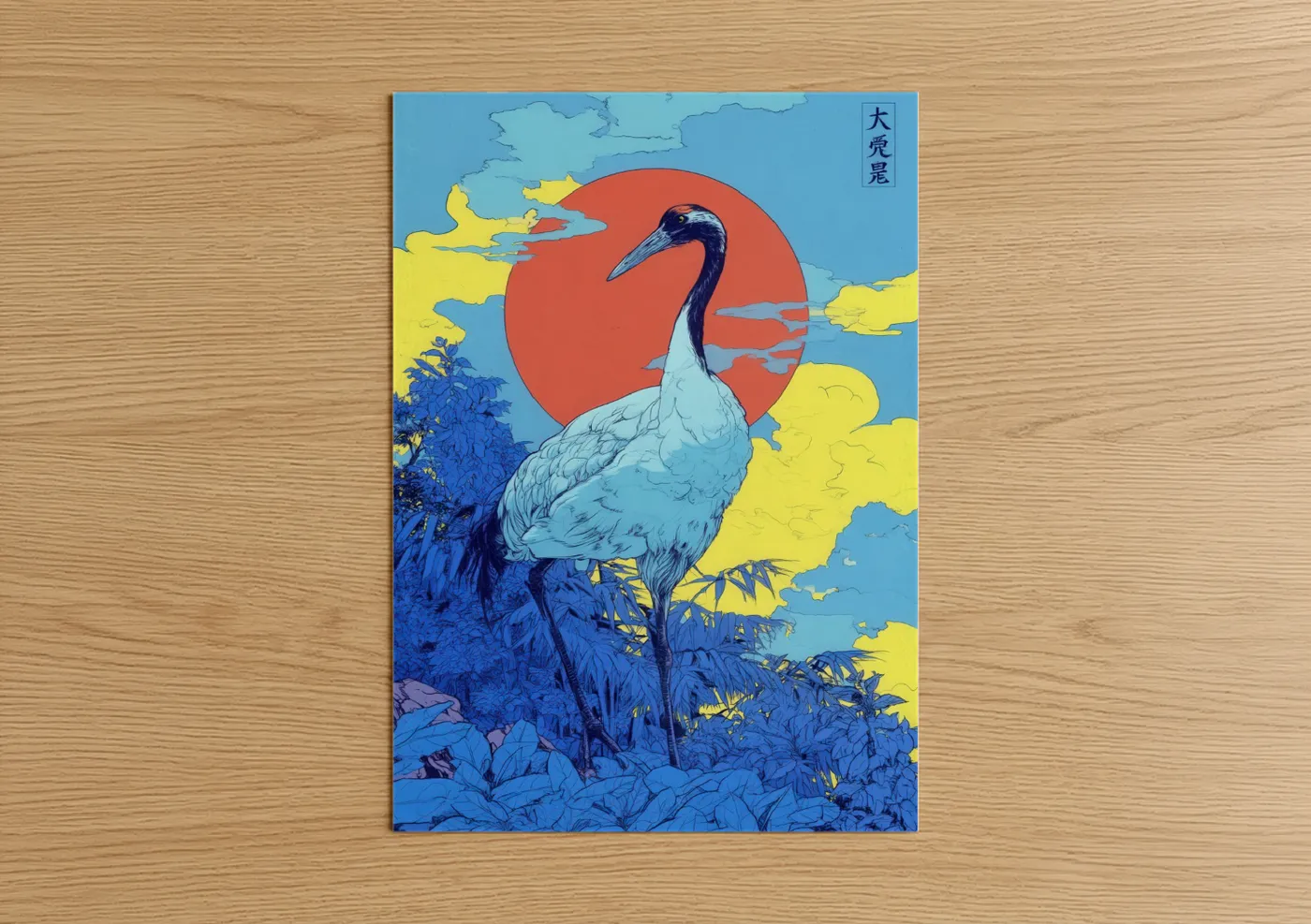Crimson Sunrise Crane Japanese Wall Art