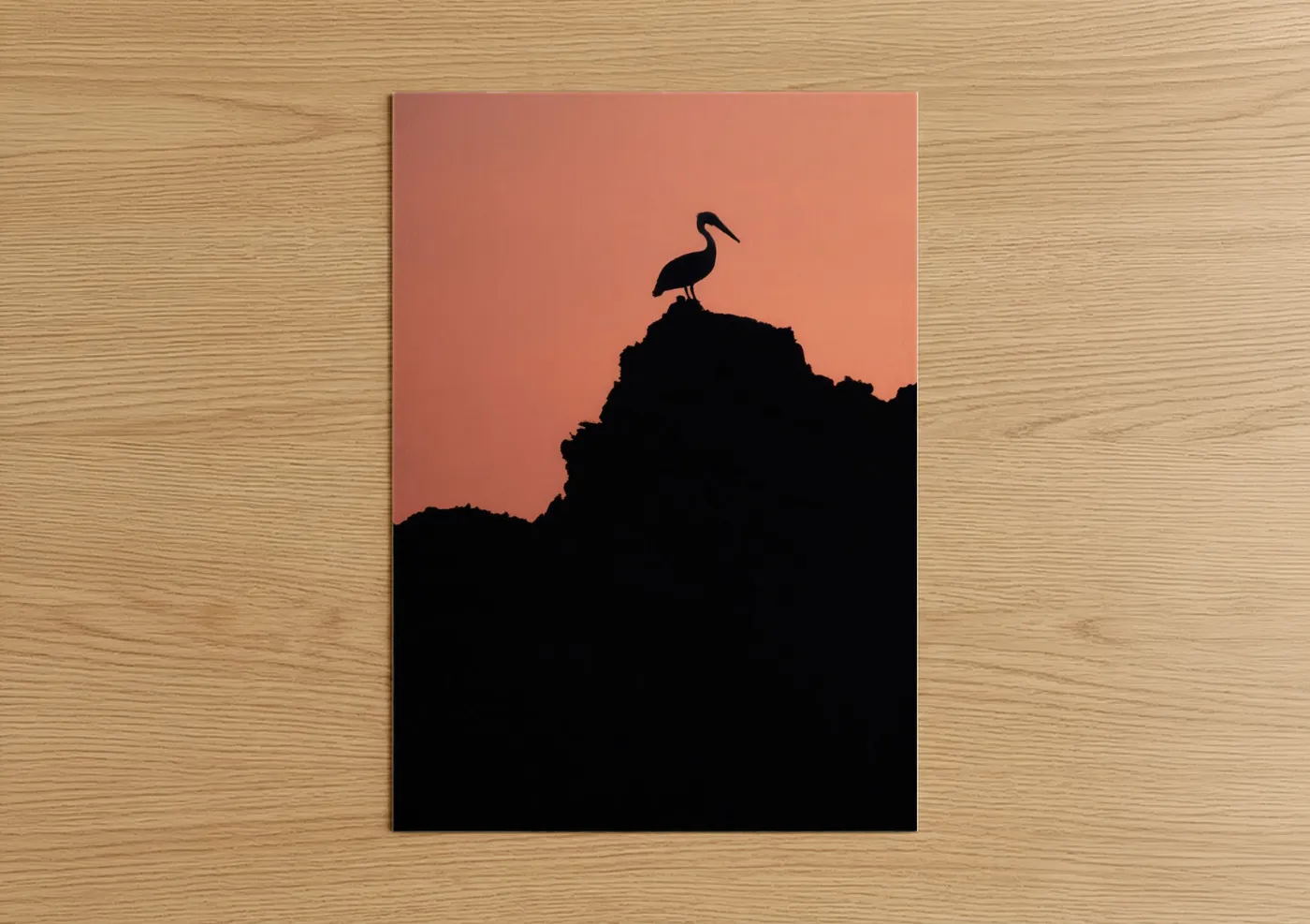 Art print on warm oak wood — peach and black palette — Cliff Pelican poster