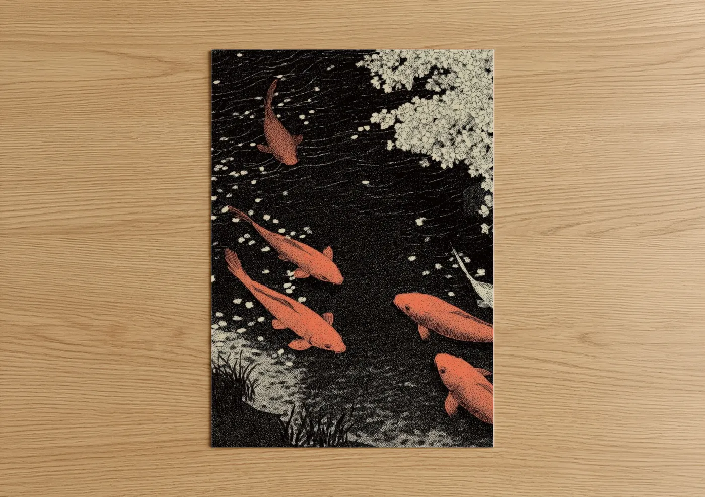 Dreamscape art print on warm oak wood — black and cream palette — Ethereal Koi Garden poster