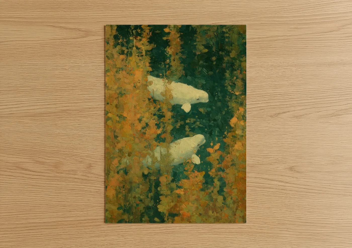 Beluga whale art print on warm oak wood — dark green and gold palette — Arctic Beluga Pair poster