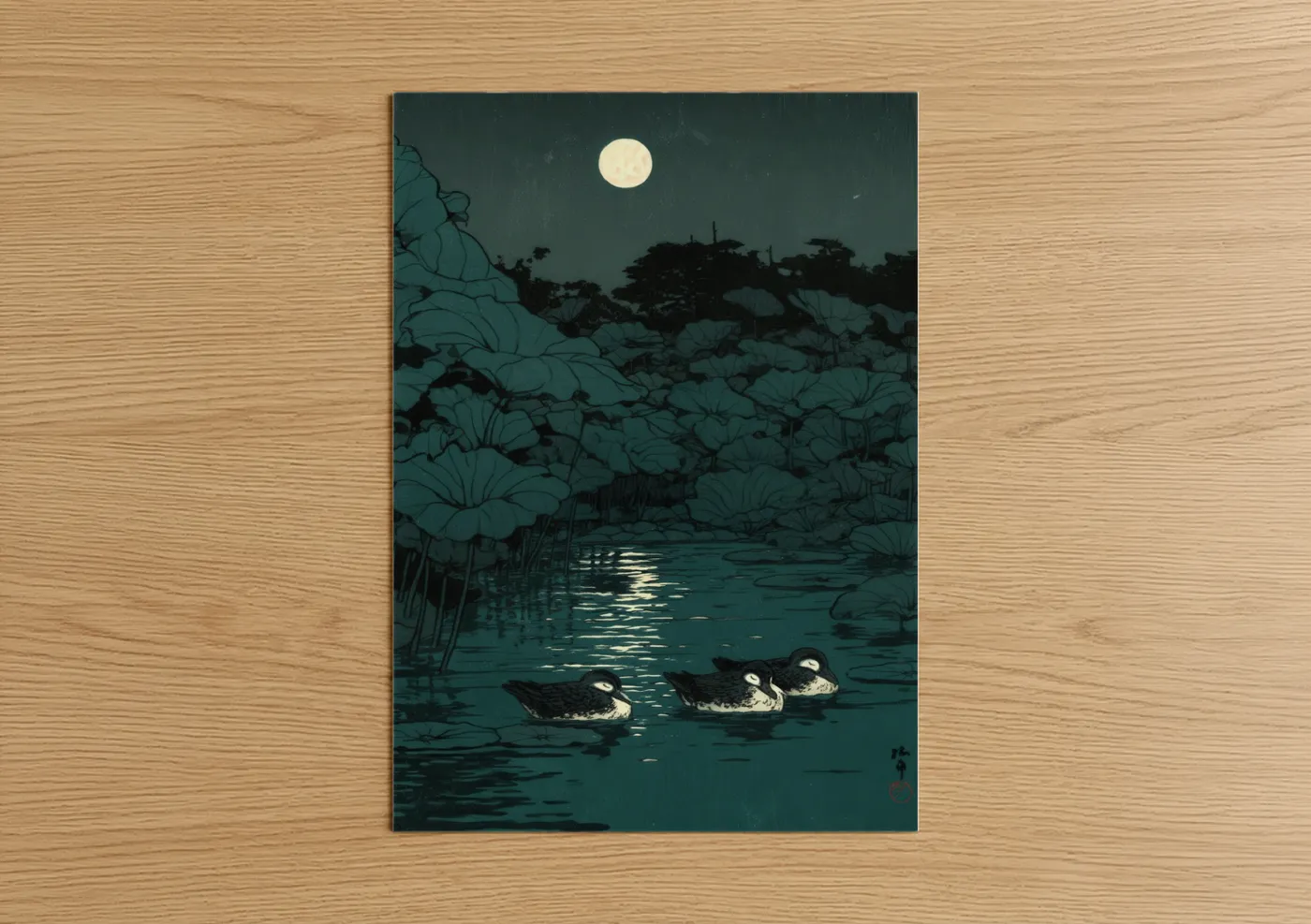 Art print on warm oak wood — dark blue and black and white palette — Moonlit Ducks poster