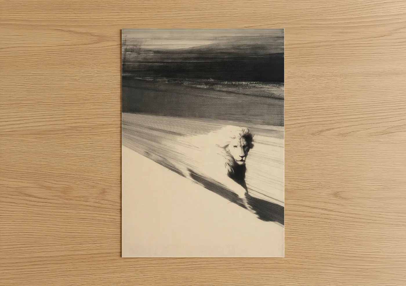 Art print on warm oak wood — black and white and cream palette — Desert Lion poster