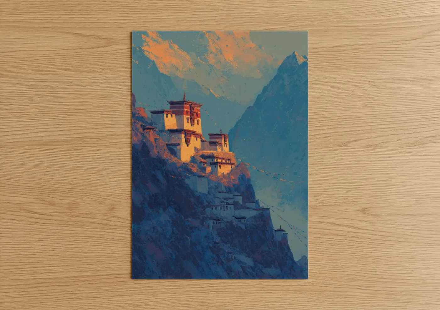Art print on warm oak wood — blue and gold palette — Golden Monastery Peak poster