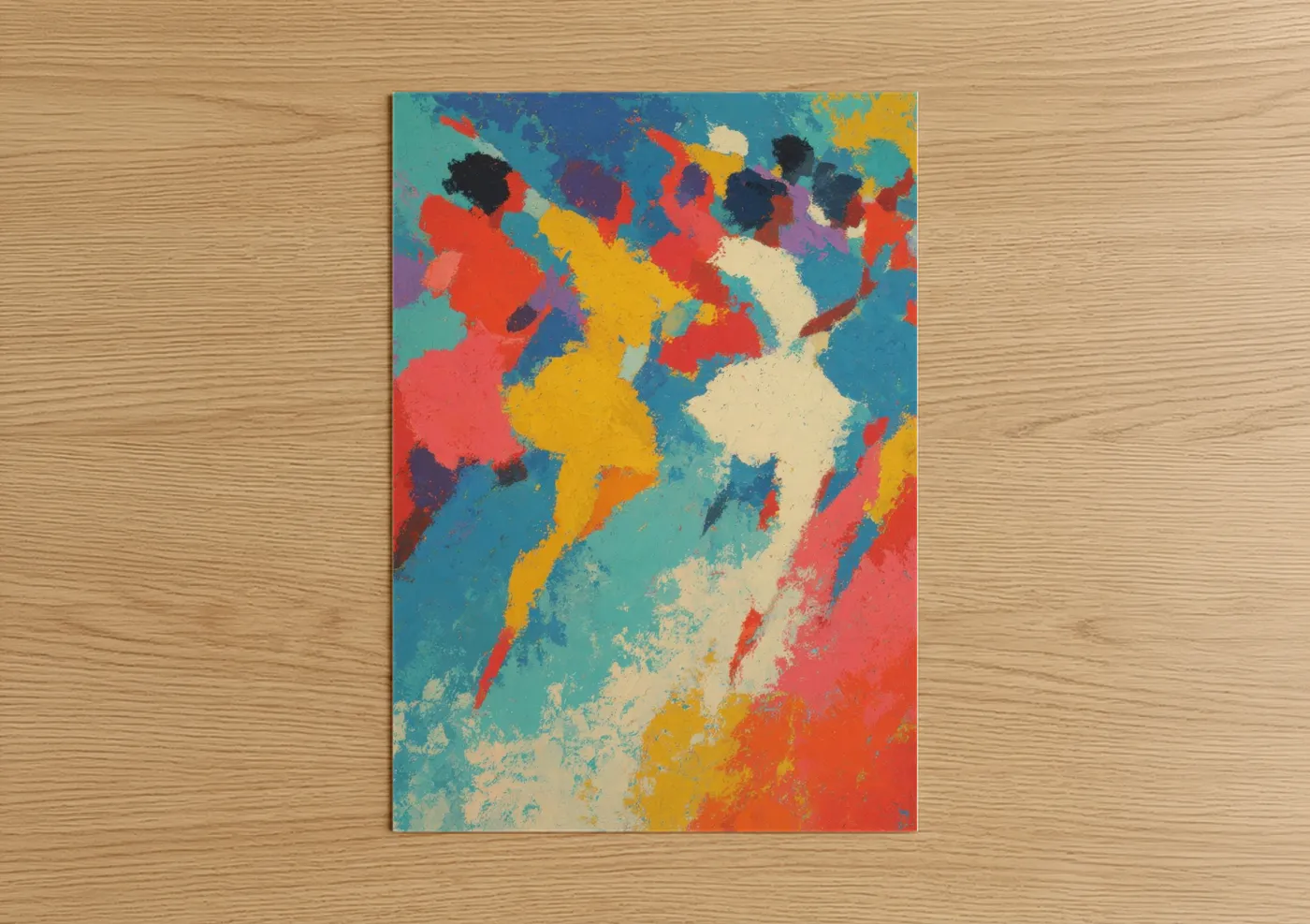Art print on warm oak wood — red and gold palette — Vibrant Salsa Motion poster