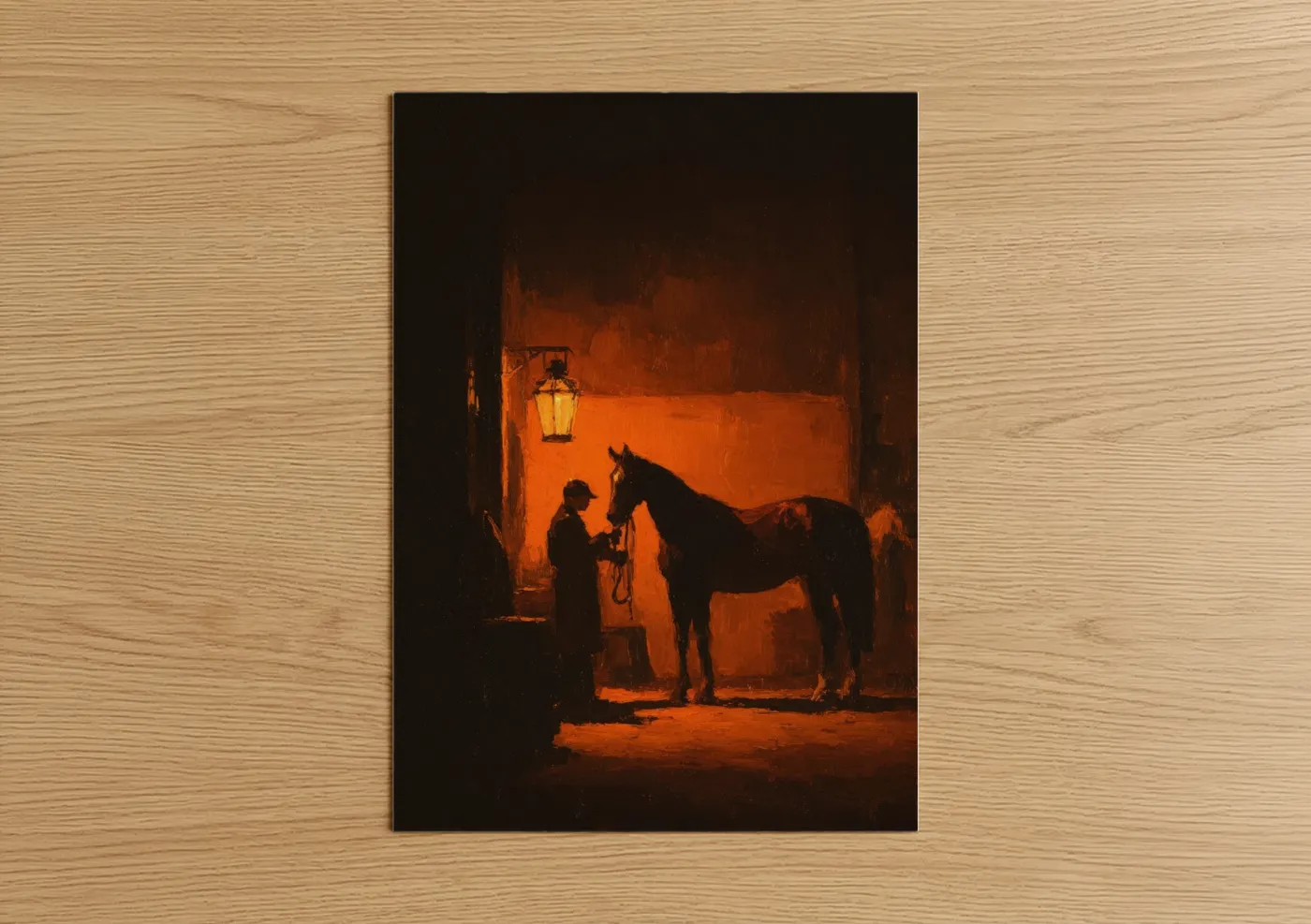 Horse racing art print on warm oak wood — orange and black palette — Stable Groom poster