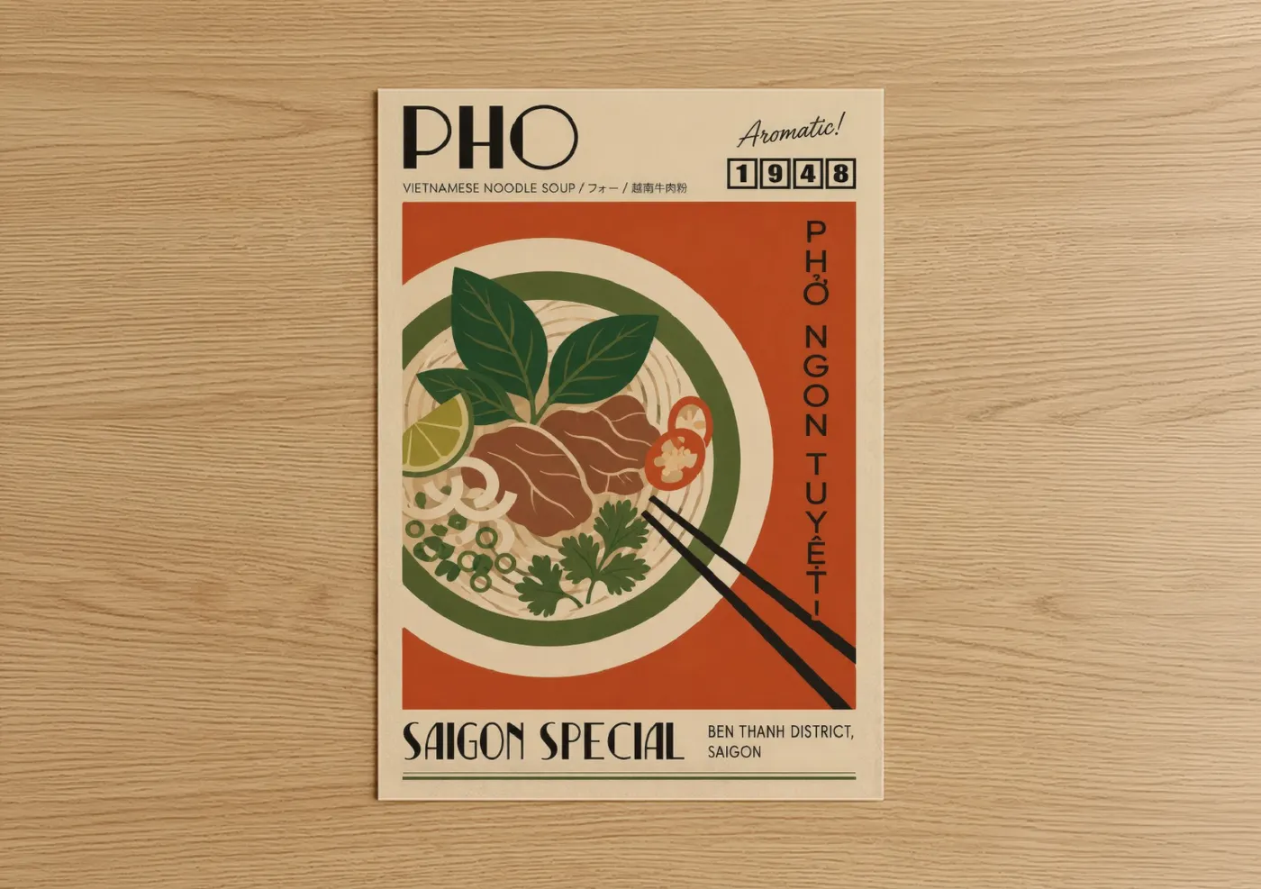 Pasta art print on warm oak wood — cream and olive palette — Vietnamese Pho Noodle Soup Kitchen Wall Art poster