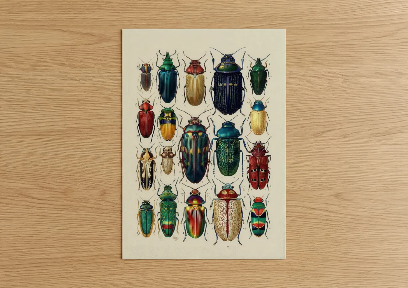 Art print on warm oak wood — green and gold palette — Jeweled Beetle Collection poster