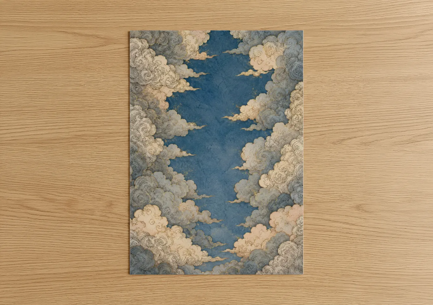 Art print on warm oak wood — blue and gold palette — Japanese Cloud Sky Wall Art poster