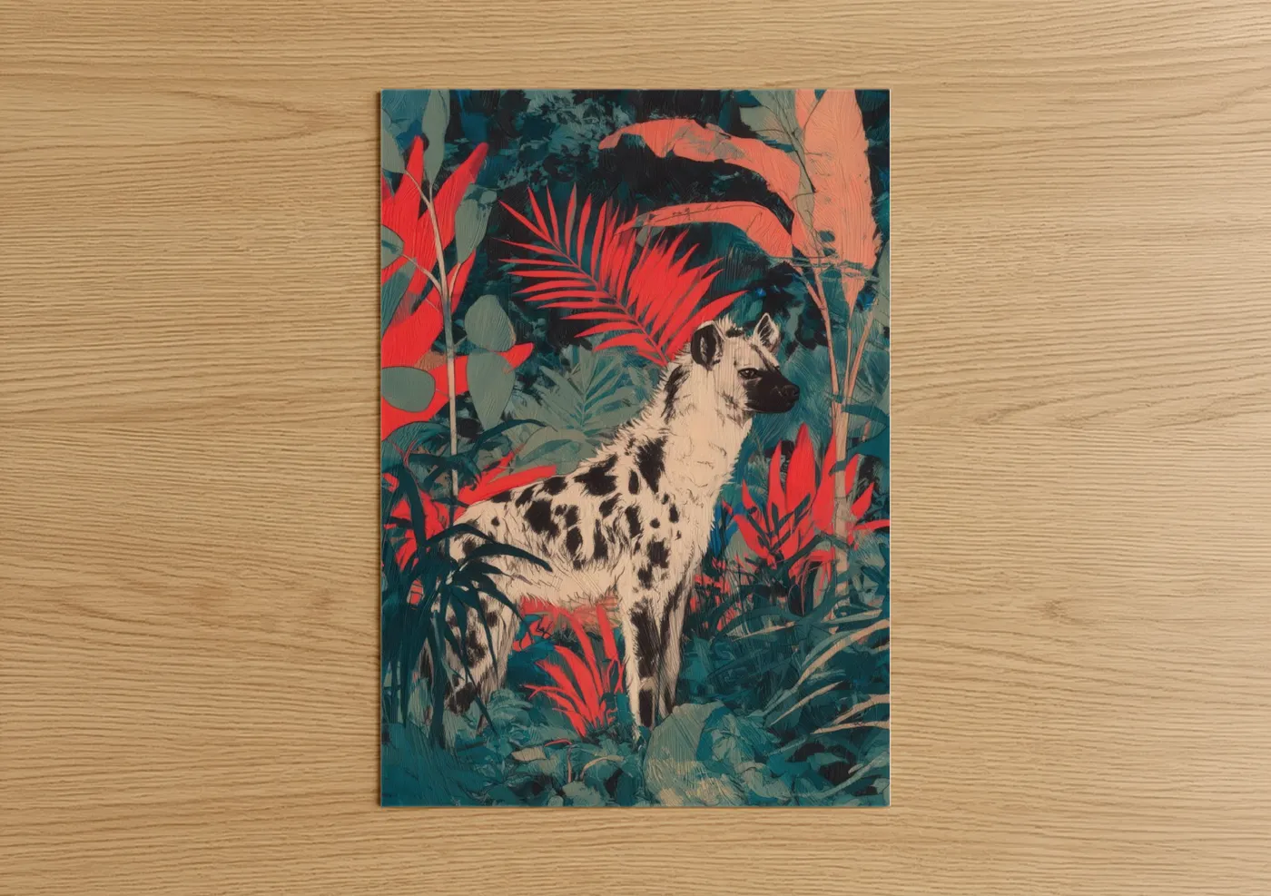 Art print on warm oak wood — red and teal palette — Tropical Hyena poster