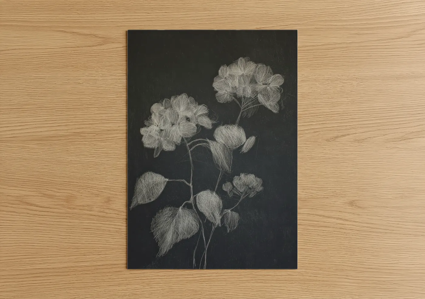 Art print on warm oak wood — black and white and gray palette — Charcoal Hydrangea poster