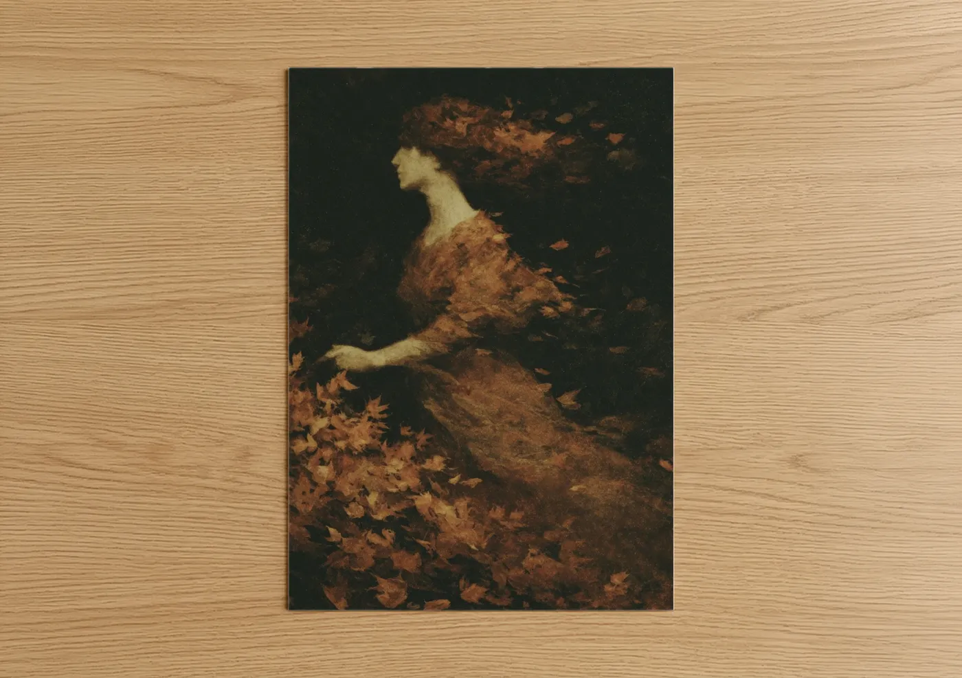 Magic and witchcraft art print on warm oak wood — black and gold and russet palette — Autumn Enchantress poster