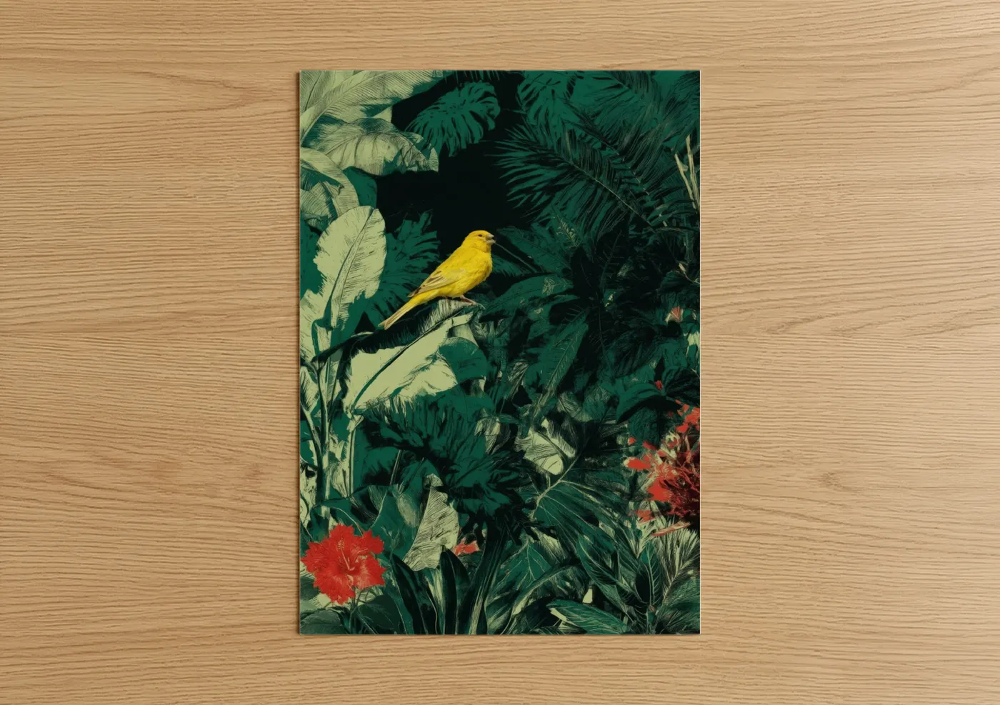 Canaries art print on warm oak wood — true green and yellow gold palette — Golden Canary Jungle poster