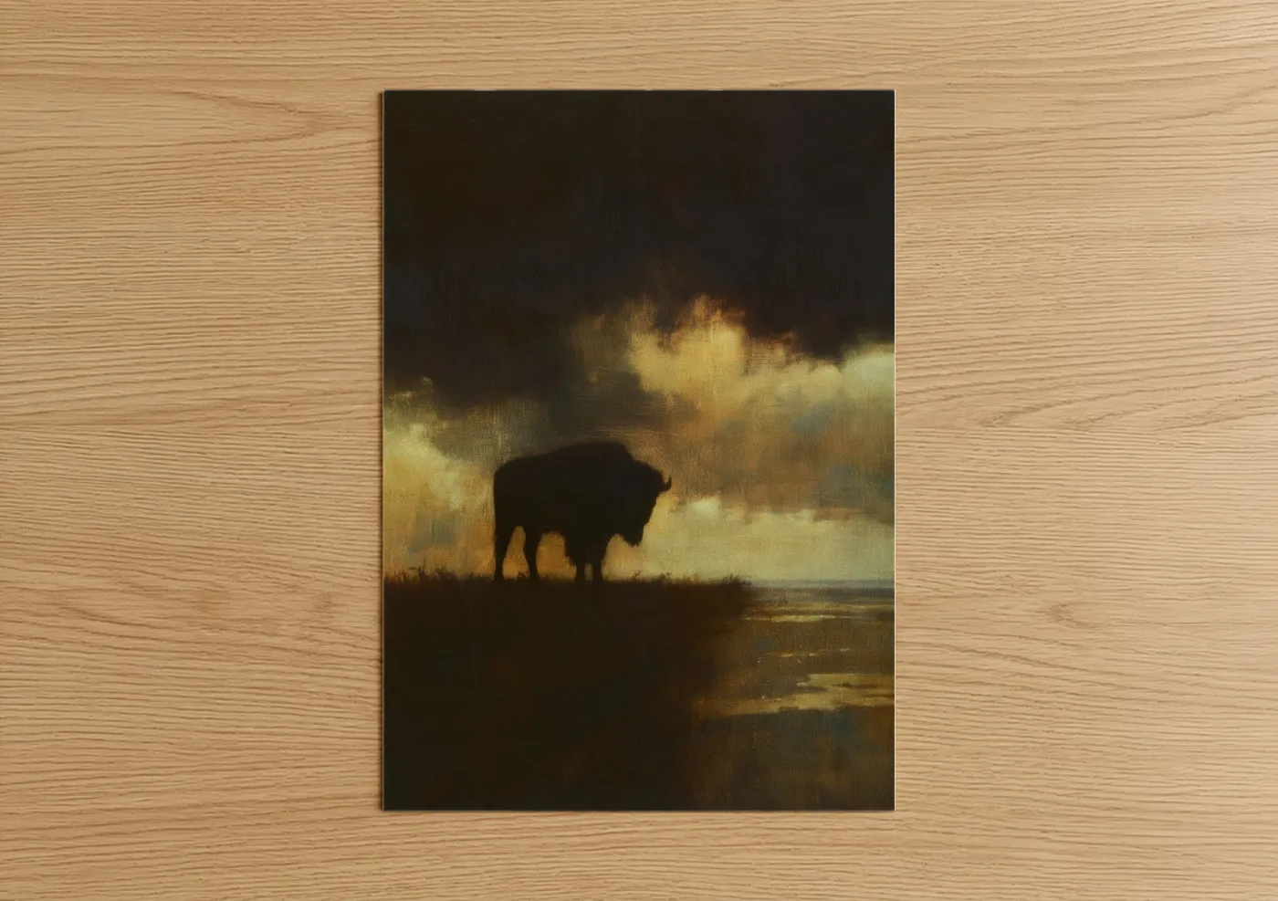 Golden Bison Silhouette Landscape Wall Art