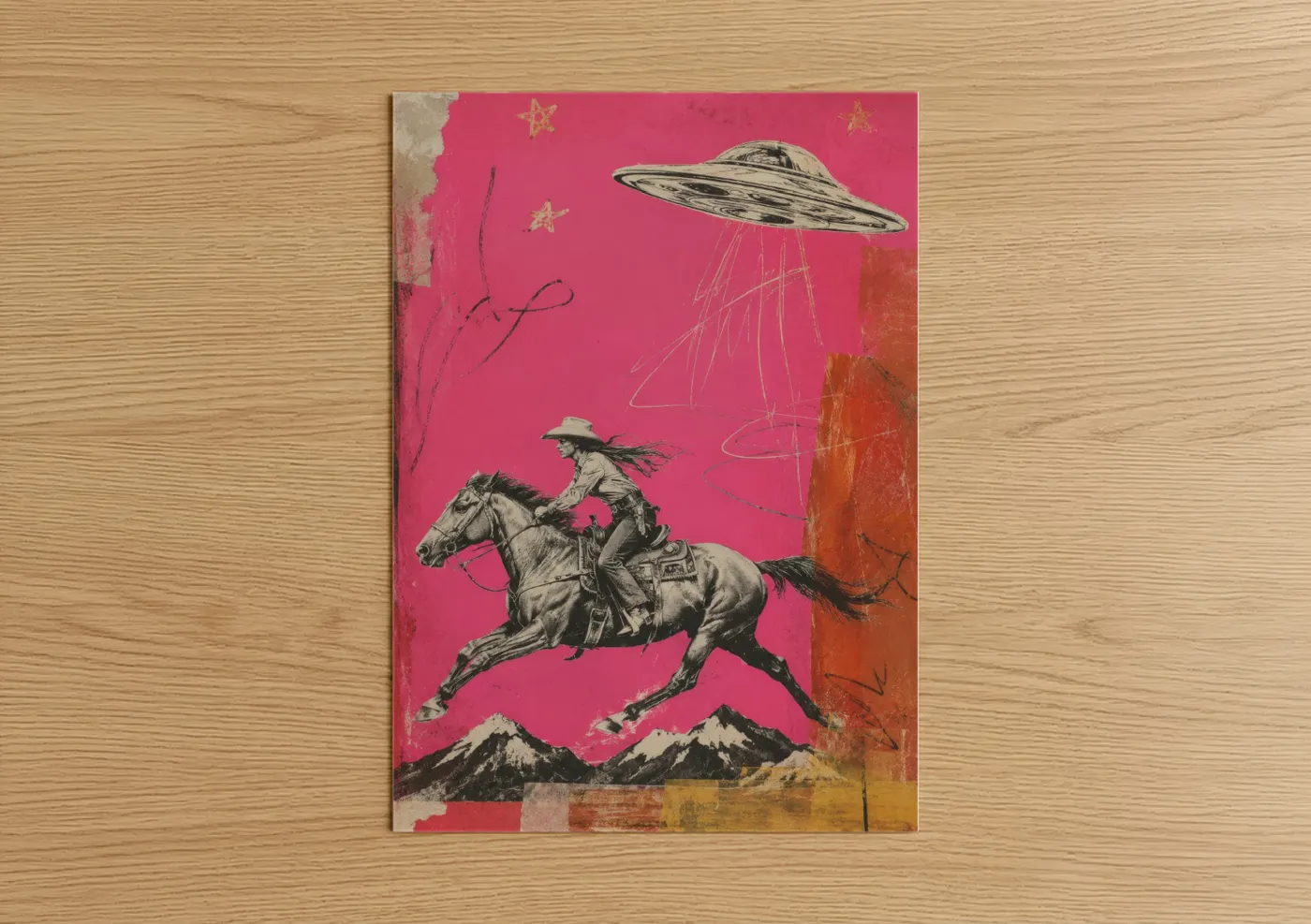 Art print on warm oak wood — pink and gold palette — UFO Cowboy Rider Wall Art poster