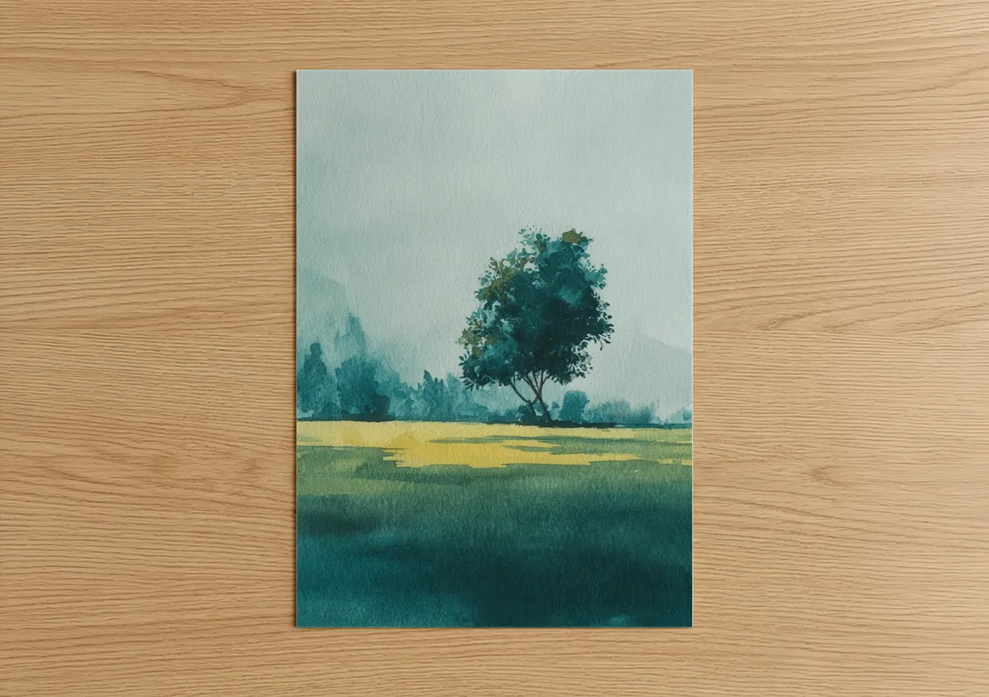 Solitary Fruit Tree Watercolor Landscape Wall Art
