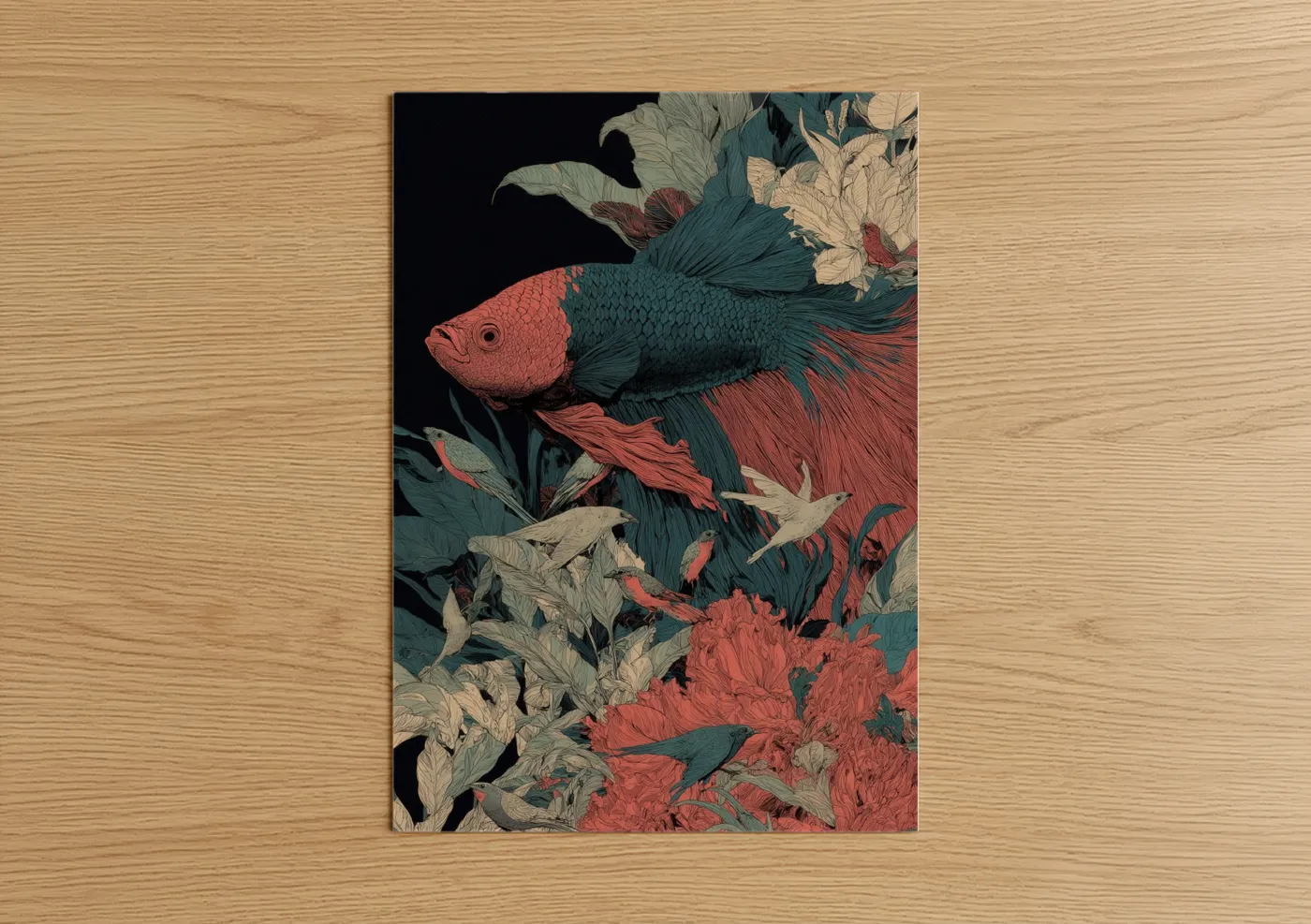 Coral Betta Fish with Floral Garden Wall Art