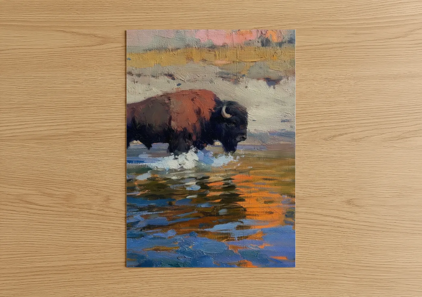 Bison At Water Impressionist Painting Wall Art
