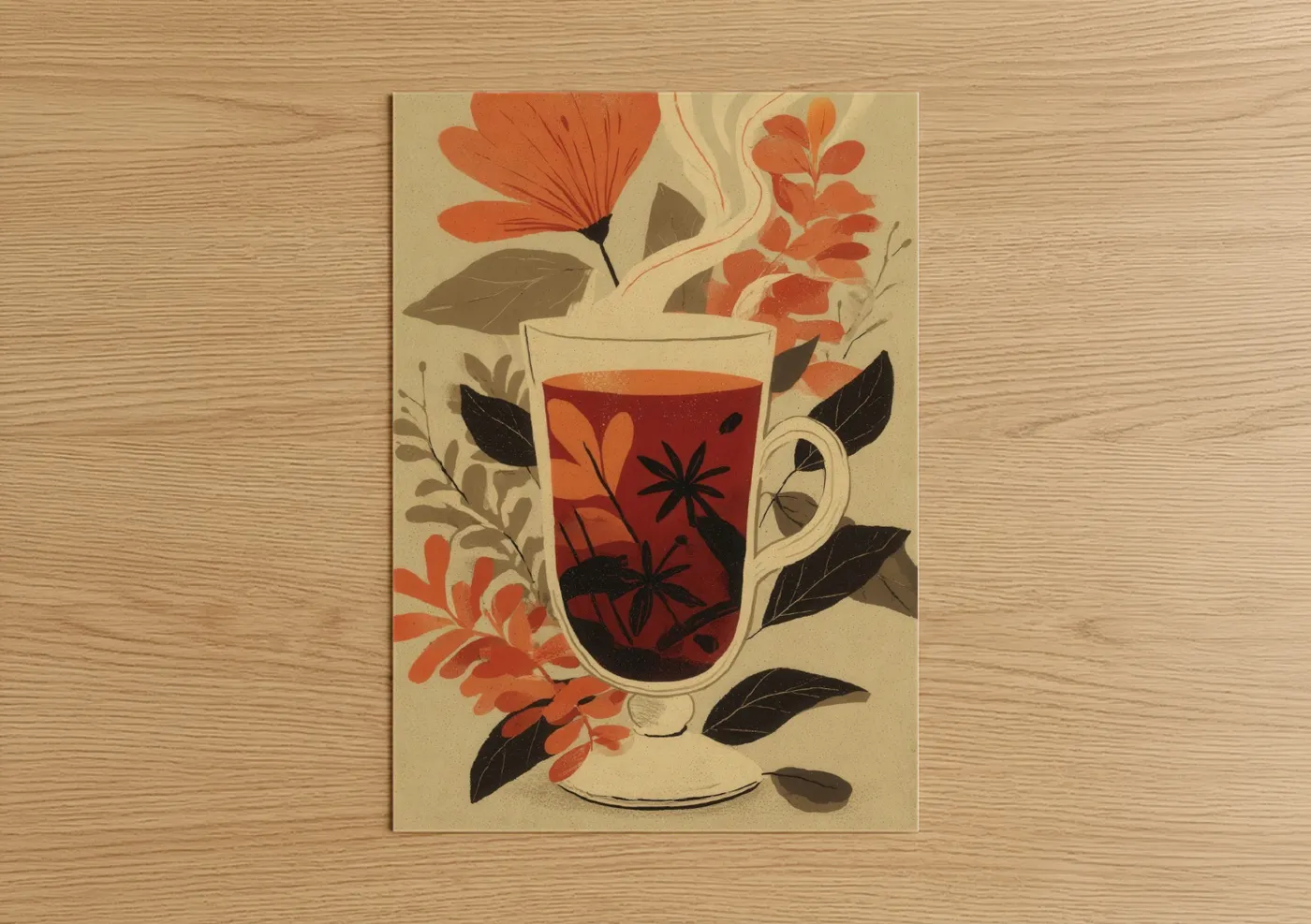 Art print on warm oak wood — red and beige palette — Herbal Cocktail poster