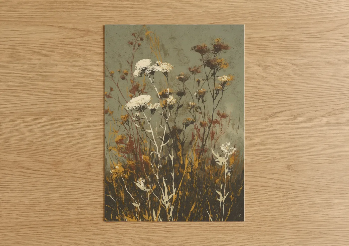 Herbs art print on warm oak wood — sage green and gold palette — Dried Herb Garden poster