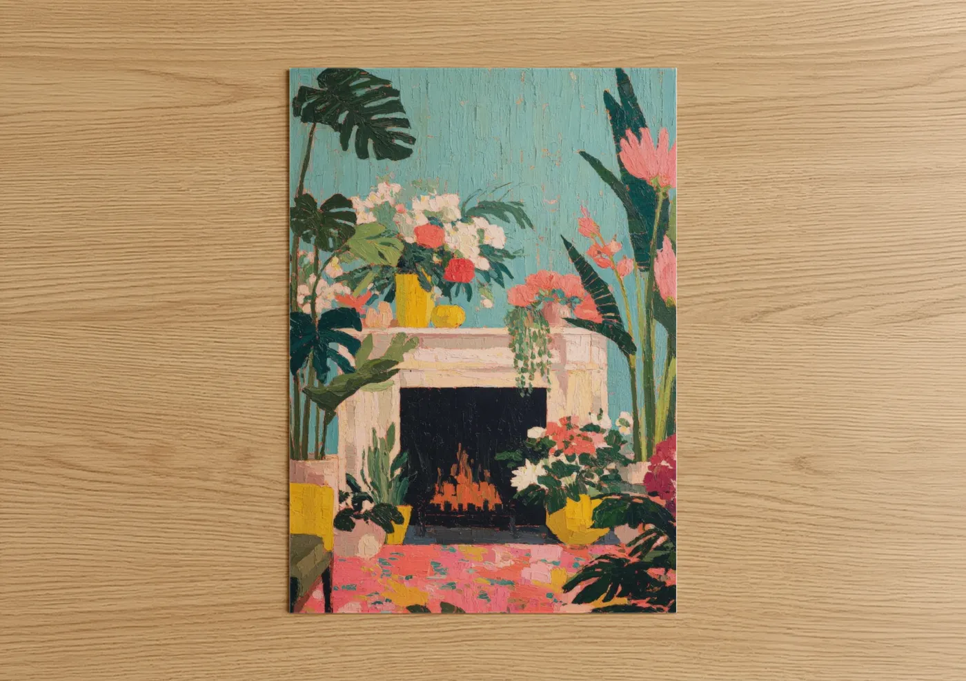 Tropical Fireplace with Blooming Flowers Wall Art
