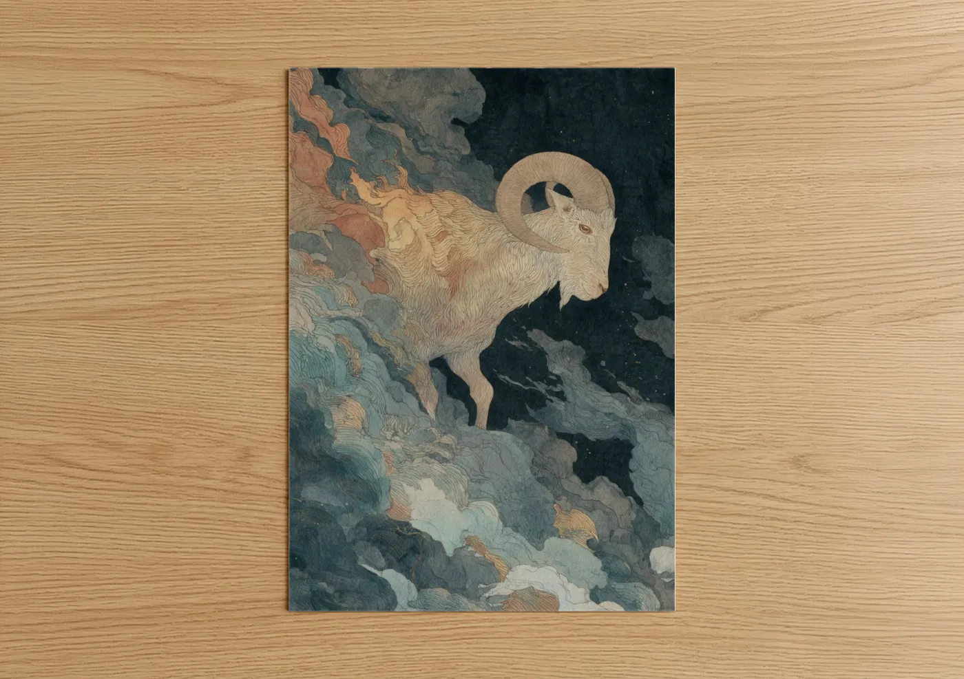 Art print on warm oak wood — gold and dark blue palette — Celestial Capricorn poster
