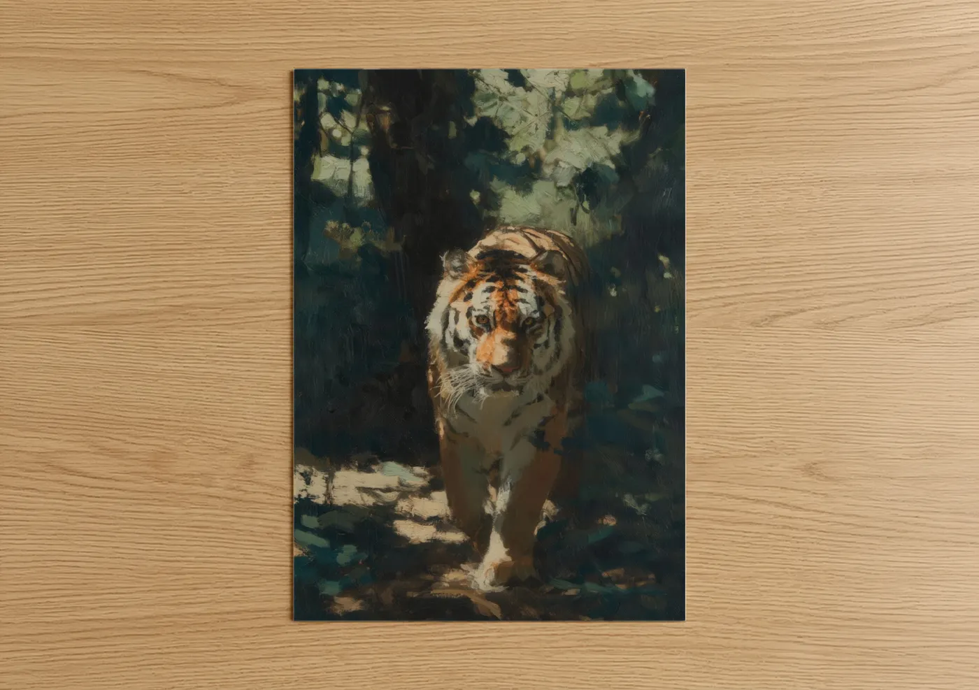 Art print on warm oak wood — dark green and gold palette — Shadowed Tiger poster
