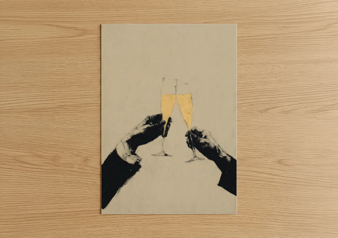 New years eve art print on warm oak wood — gold and black and white palette — Champagne Toast poster
