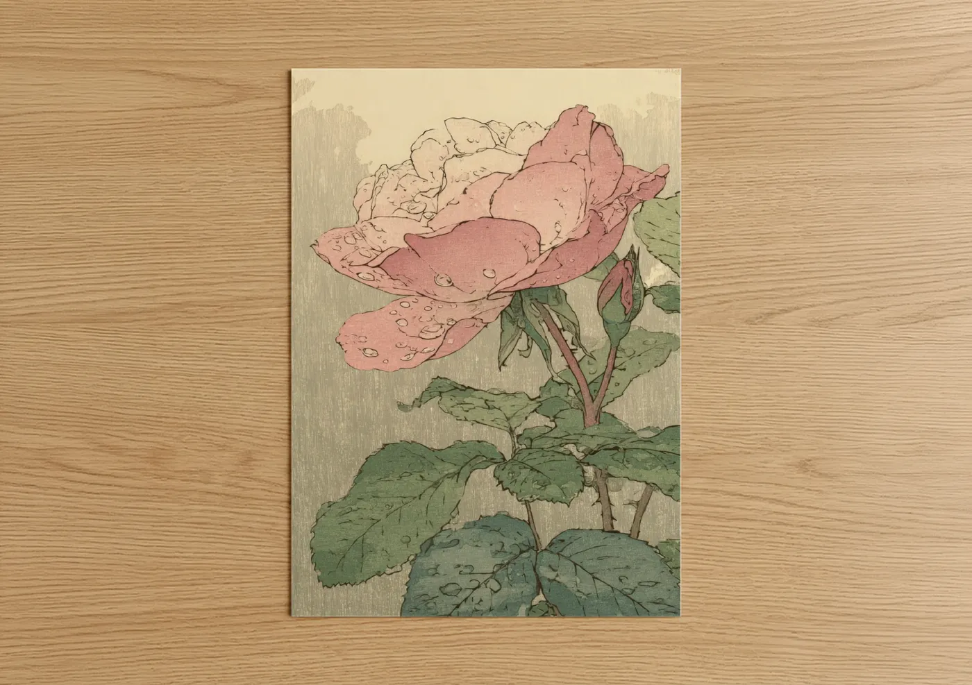 Dewy Garden Rose Japanese Woodblock Style Wall Art