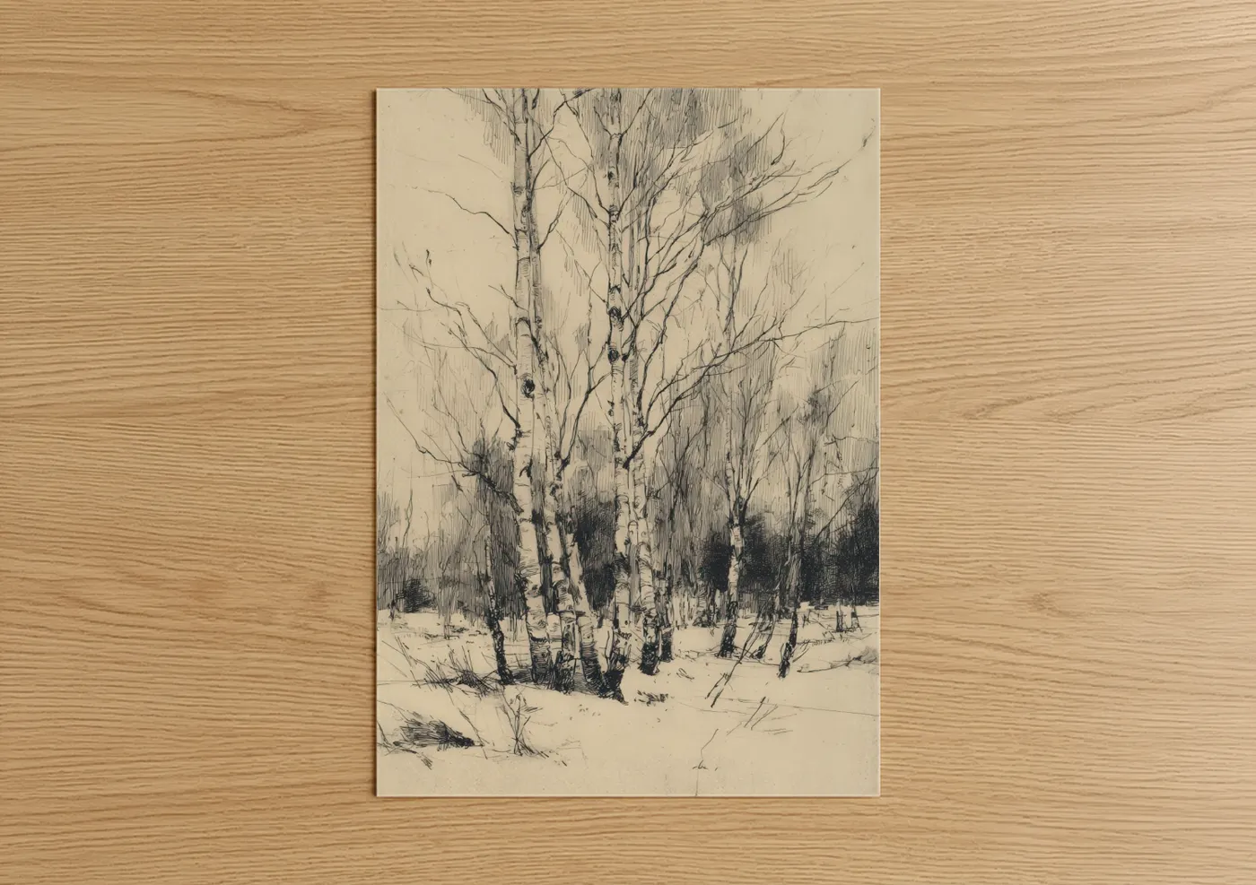 Birch tree art print on warm oak wood — black and white and cream palette — Winter Birch Forest poster