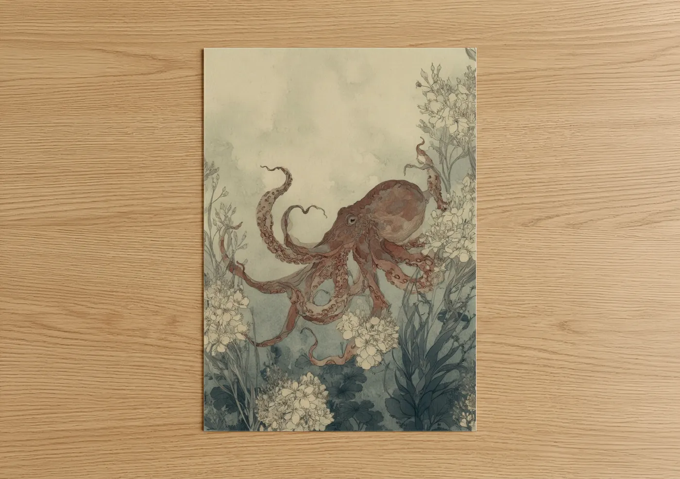 Coral Garden Octopus Watercolor Illustration Wall Art