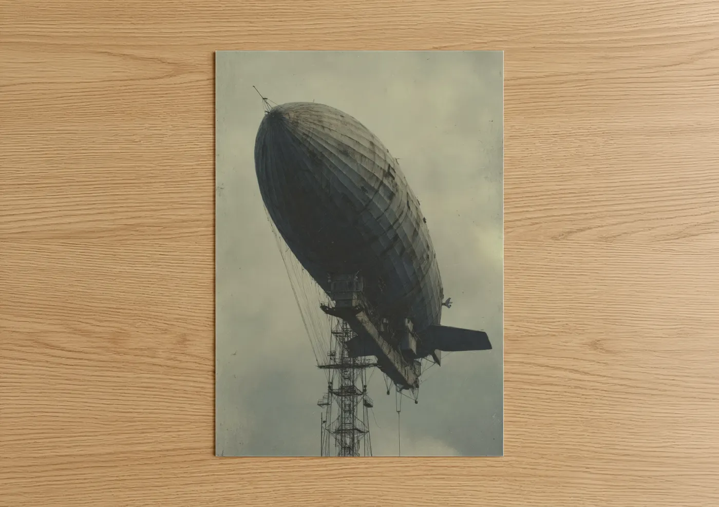Art print on warm oak wood — gray and dove gray palette — Industrial Airship poster