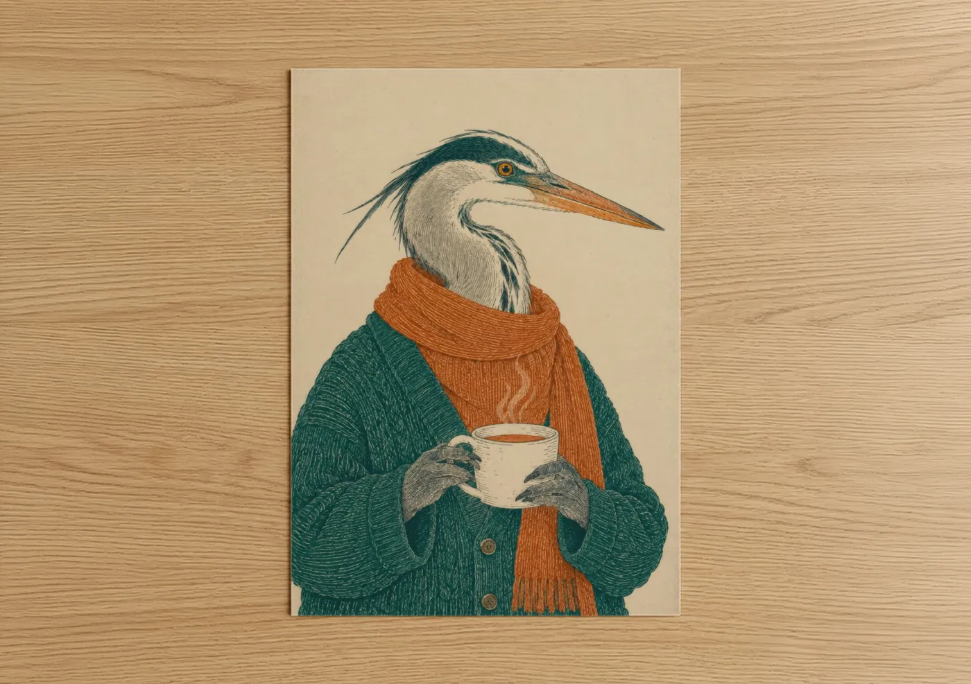 Art print on warm oak wood — teal and orange palette — Heron with Coffee Cup Wall Art poster