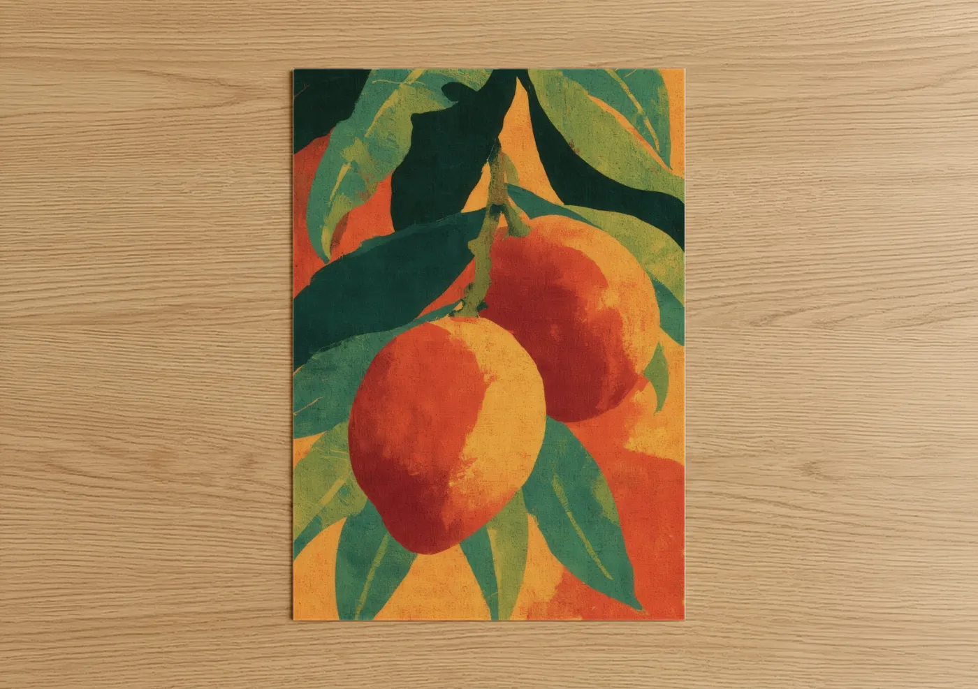 Fruit art print on warm oak wood — gold and dark green palette — Vibrant Mango Harvest poster