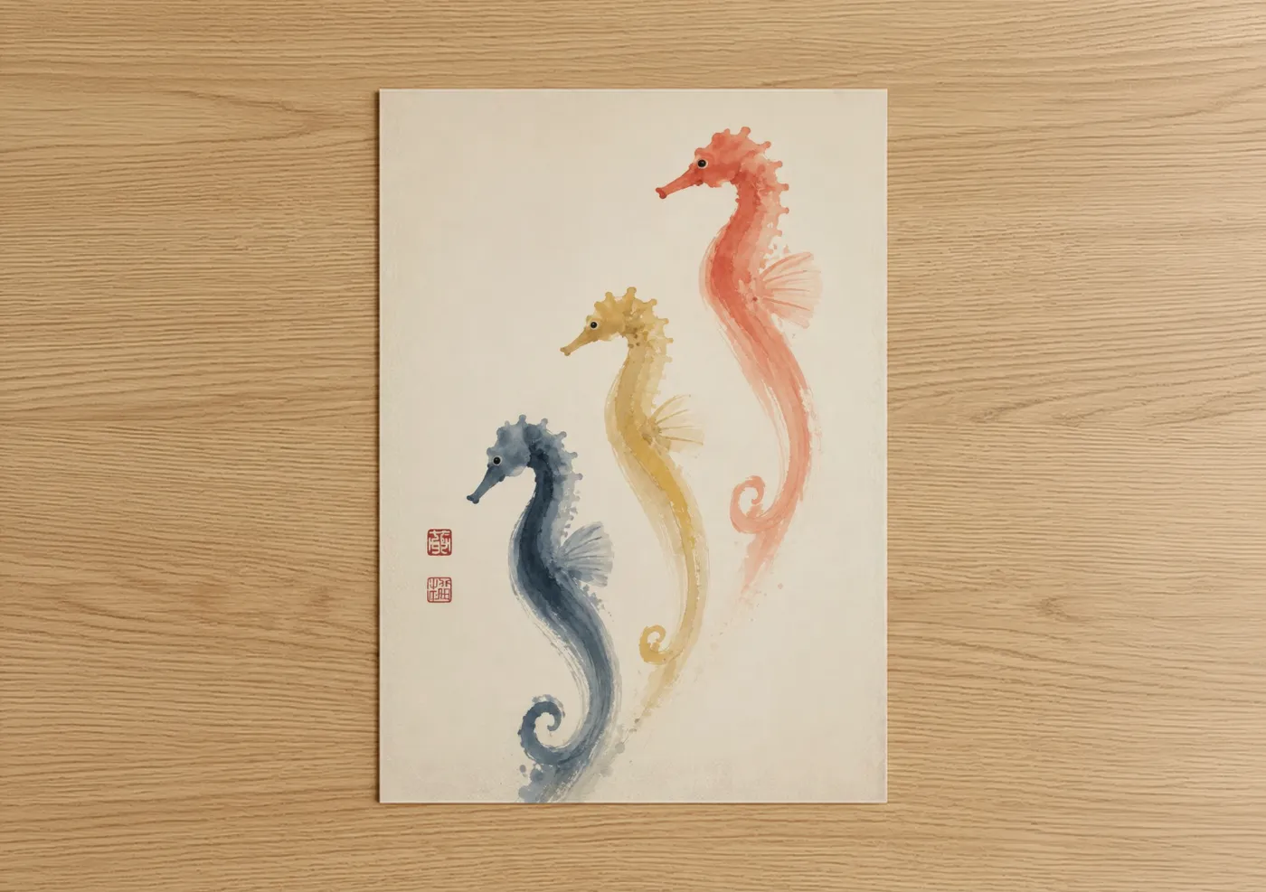 Sea horse art print on warm oak wood — peach and blue palette — Watercolor Seahorse Trio Wall Art poster