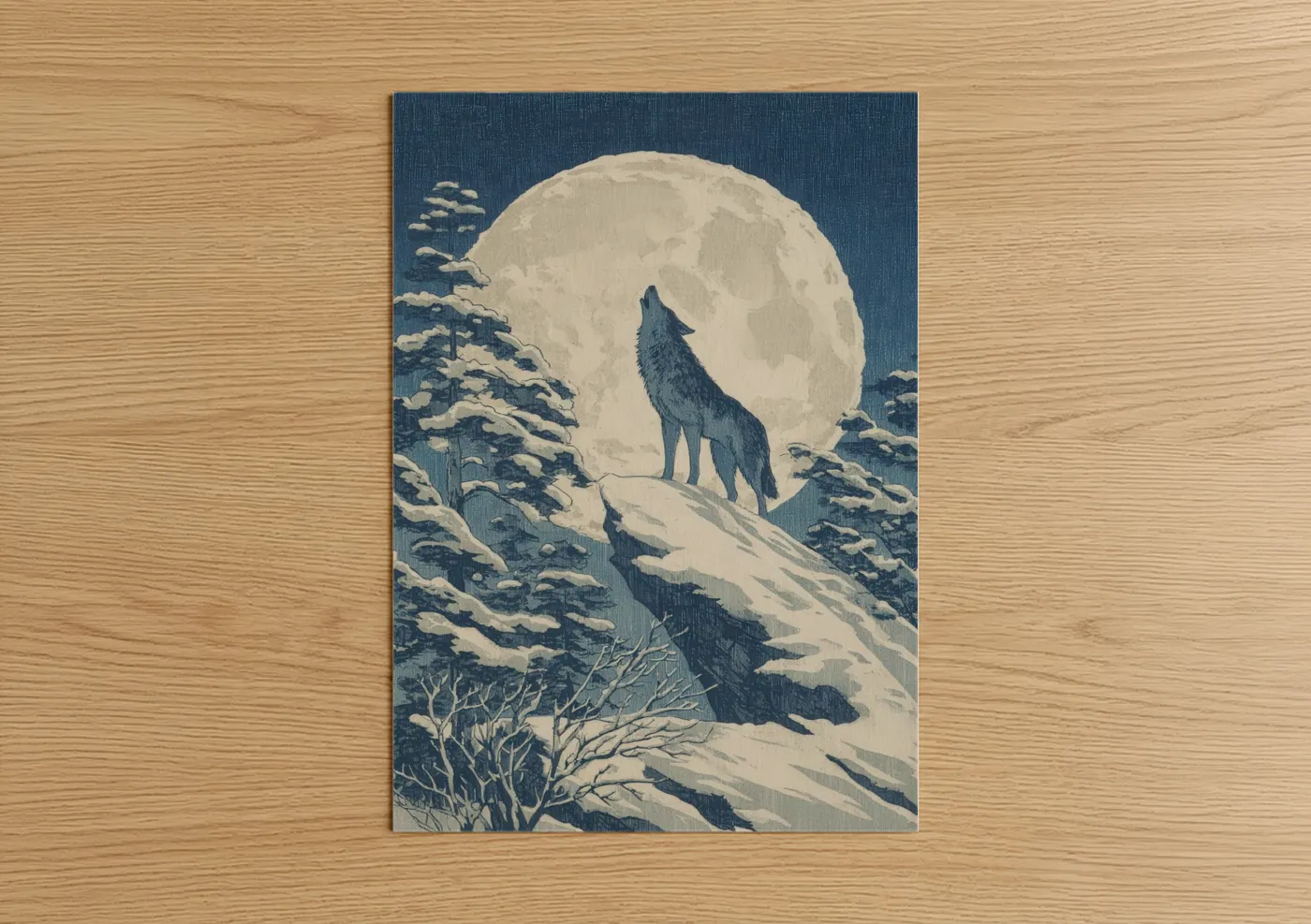 Art print on warm oak wood — dark blue and white palette — Howling Wolf Moon poster