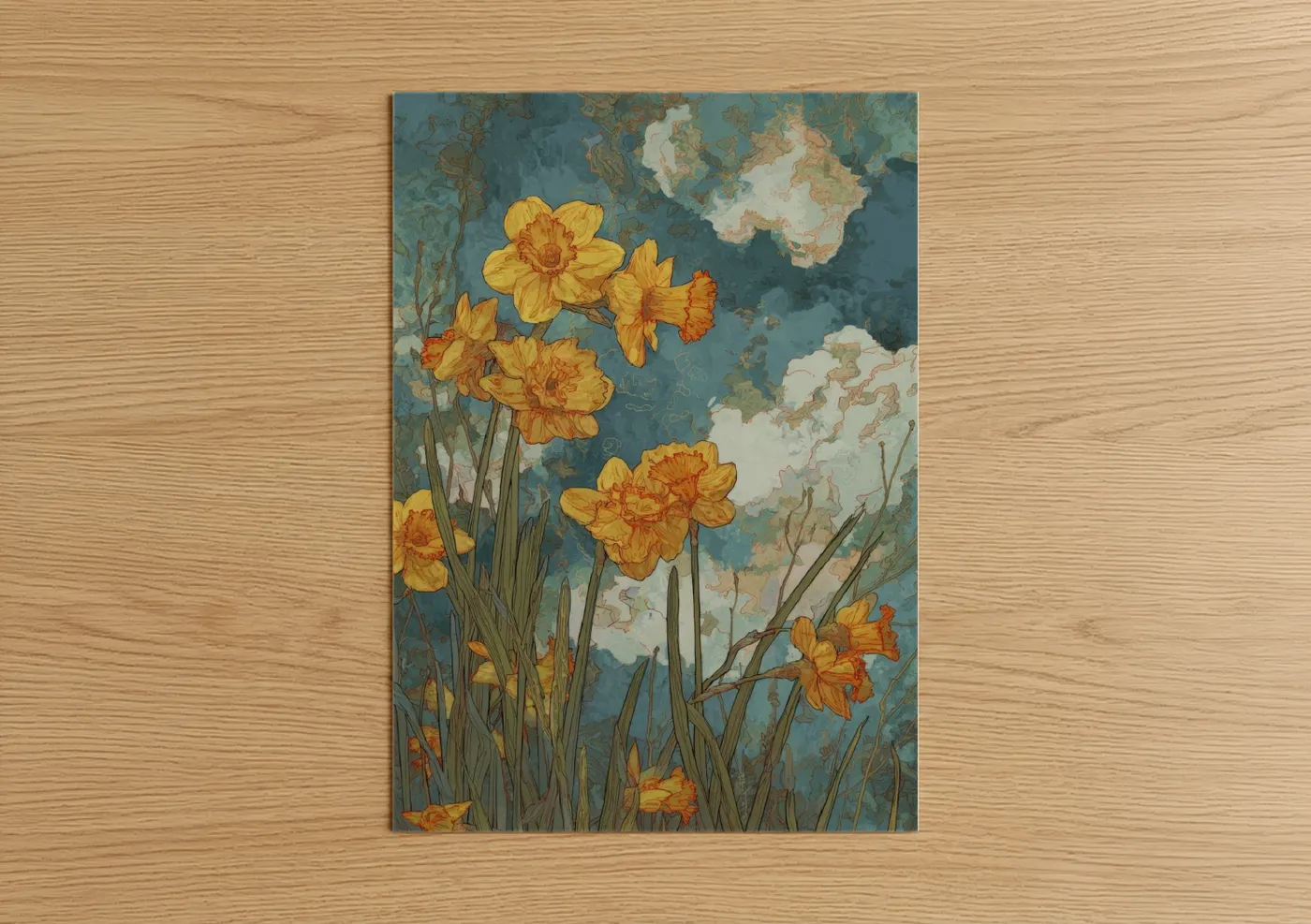Art print on warm oak wood — gold and teal palette — Golden Daffodils poster