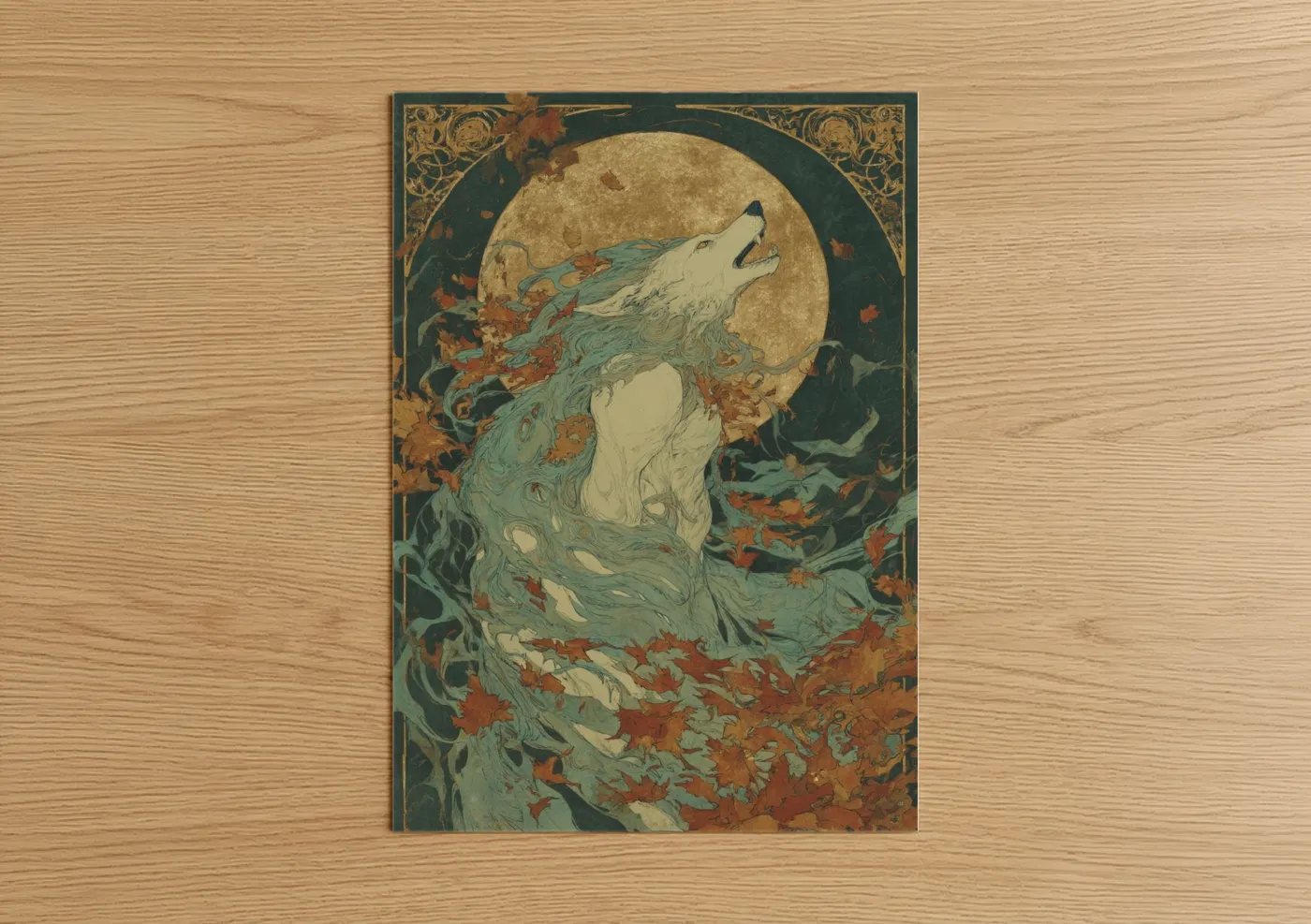 Art print on warm oak wood — gold and teal palette — Autumn Werewolf poster