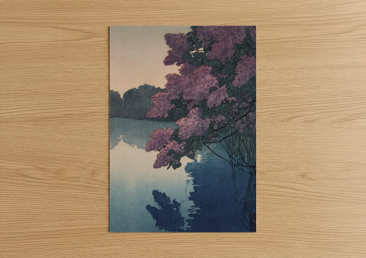 Lilac Blossoms Lakeside Watercolor Wall Art