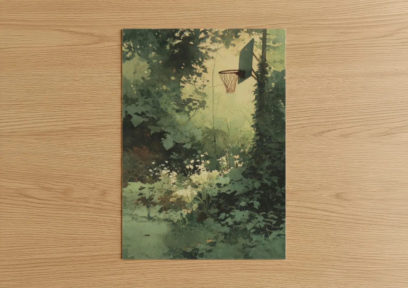 Art print on warm oak wood — green and cream palette — Forest Basketball poster
