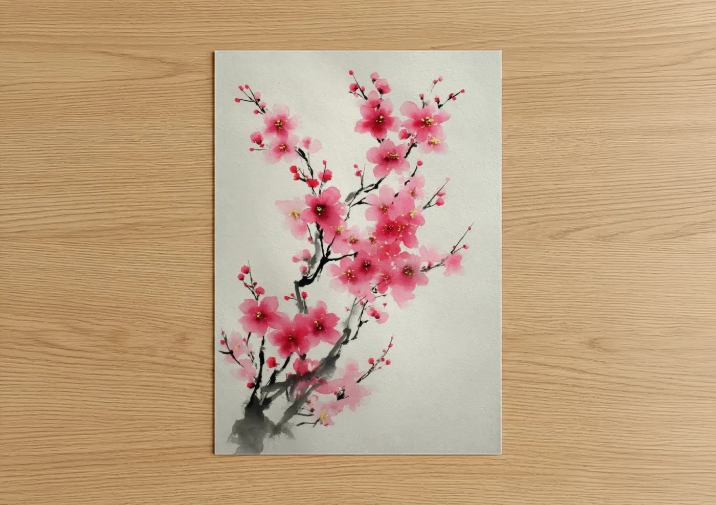 Art print on warm oak wood — pink and black and white palette — Pink Cherry Blossoms poster
